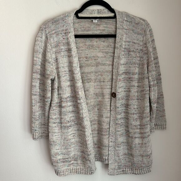 J. JILL Knit Two Piece v-neck tank short sleeve sweater set cream multi Petite M - Picture 9 of 13